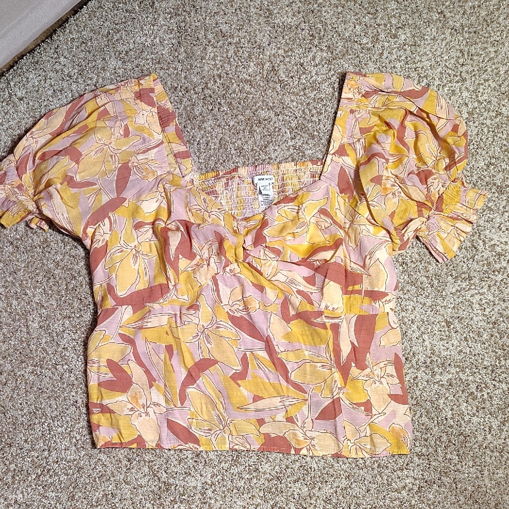 Nine West Puff Sleeve Crop Top Pink and Orange